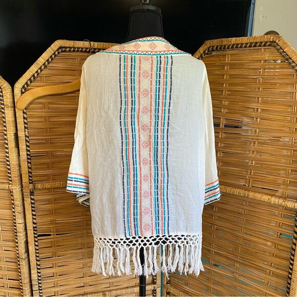 Natural Reflections Cream Kimono with Colorful southwest embroidery and Fringe M - Picture 7 of 7